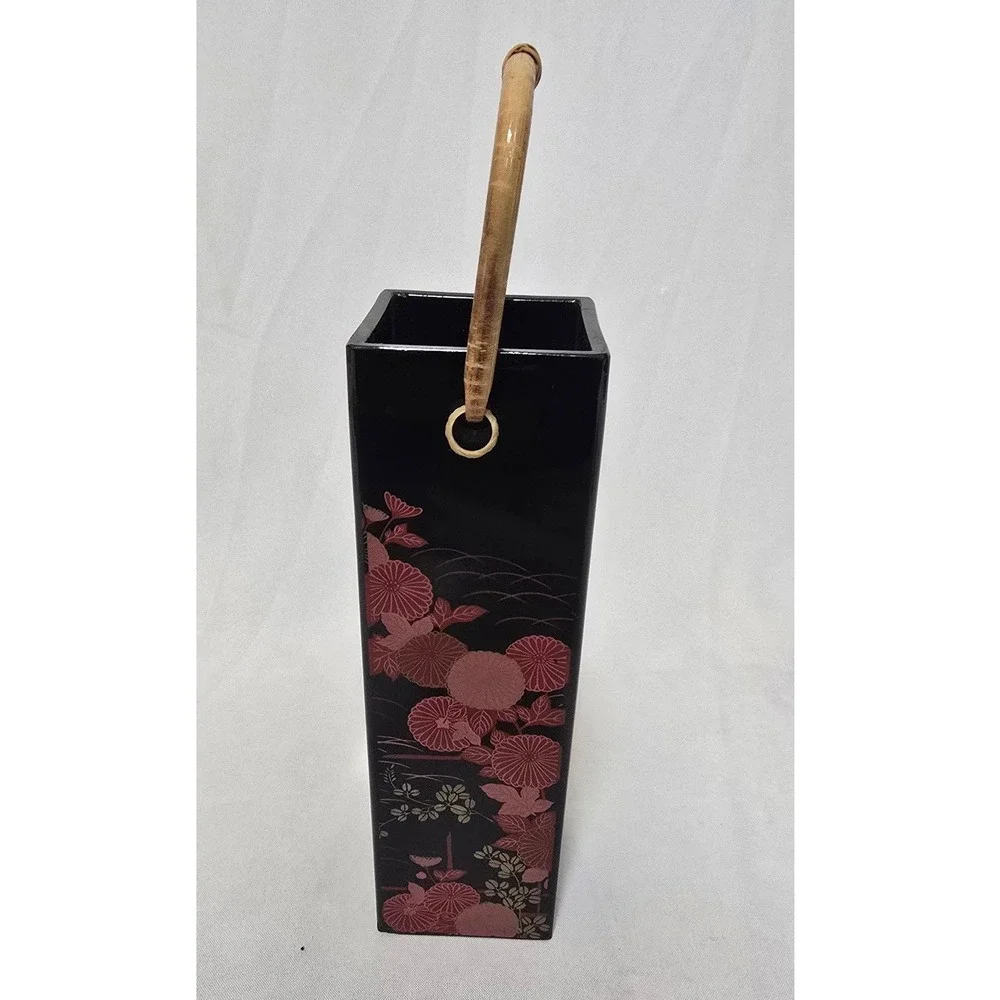 Vtg Japanese lacquer ware flower vase with handle Ikebana Vessel Asian art